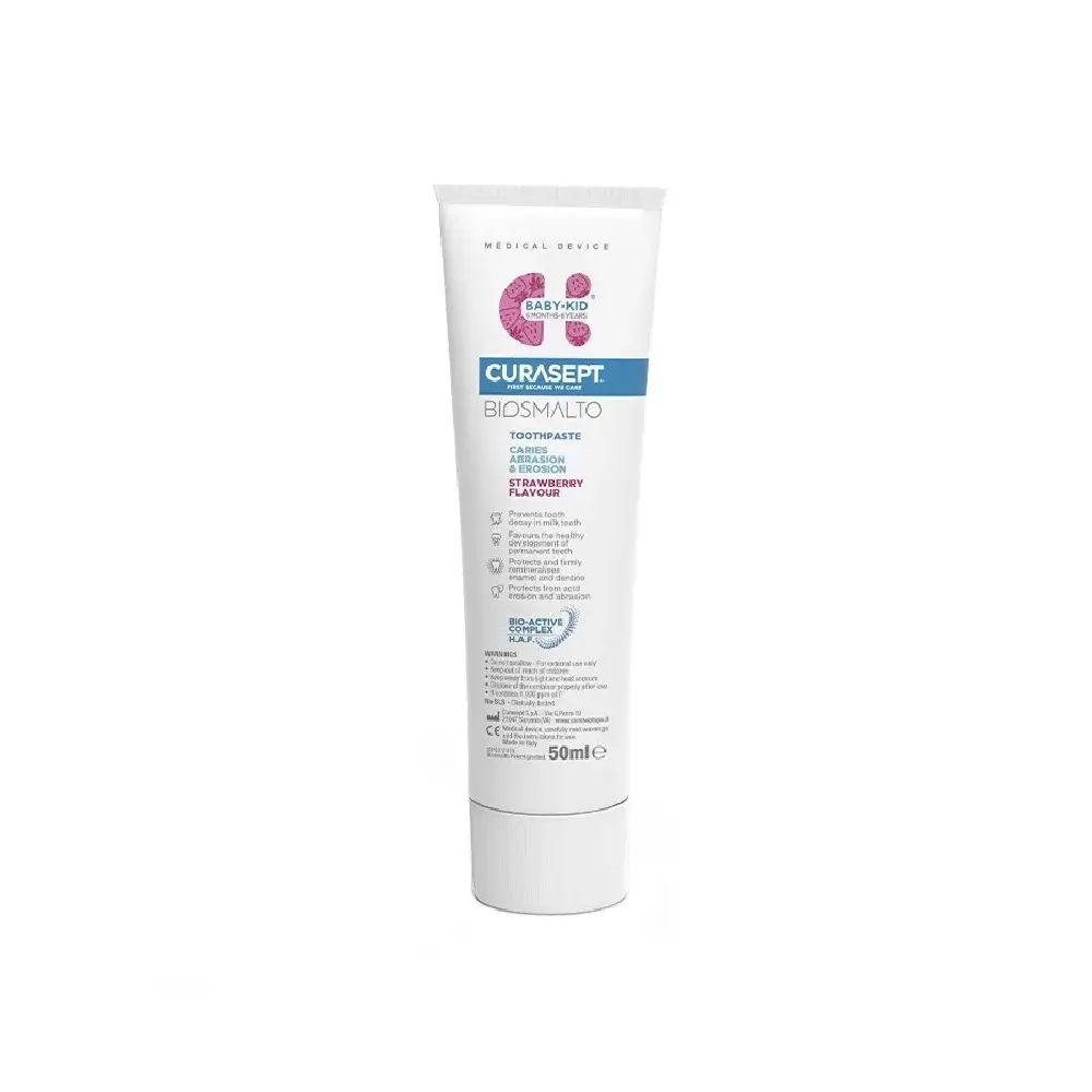 Pasta de dinti cu fluor pentru copii de la 6 luni - 6 ani Biosmalto Baby-Kid, cu aroma de capsuni usor mentolata, 50 ml, Curasept