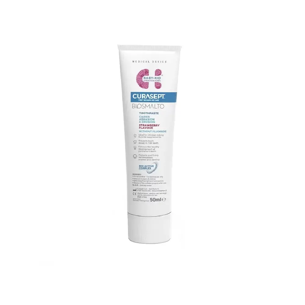 Pasta de dinti fara fluor pentru copii de la 6 luni - 6 ani Biosmalto Baby-Kid, cu aroma de capsuni, 50 ml, Curasept