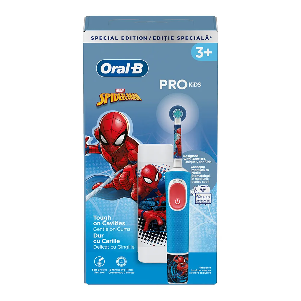 Periuta Electrica Vitality Pro Kids Spider-Man + 3ani + Trusa Calatorie, Oral B