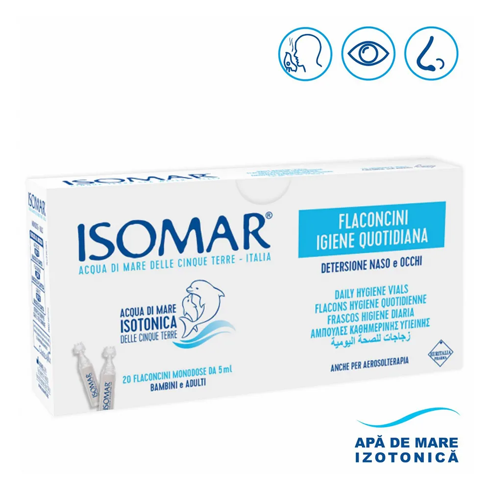 Picaturi pentru nas si ochi cu apa de mare izotonica, 20 monodoze x 5ml, Isomar