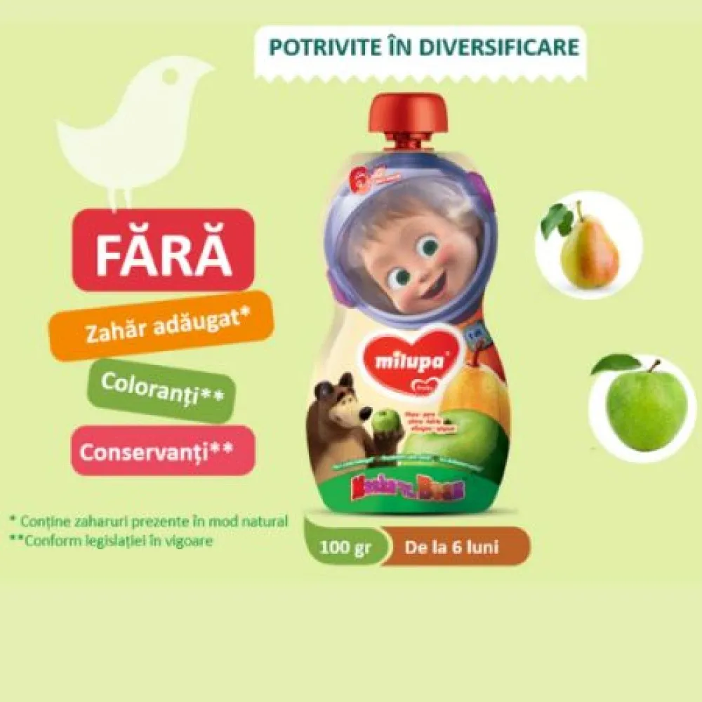 Piure din mere, pere, banane si caise Masha, 100g, Milupa