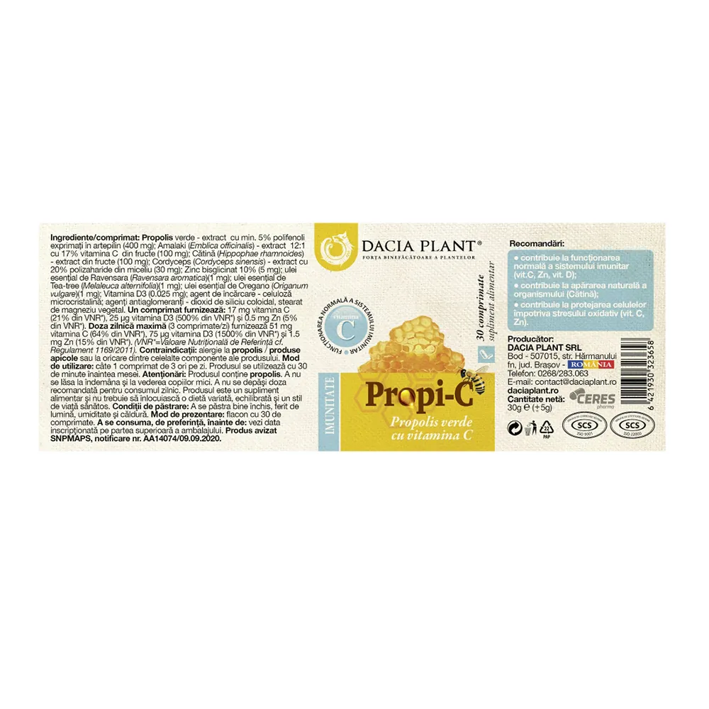 Propolis verde cu vitamina C Propi-C, 30 comprimate, Dacia Plant