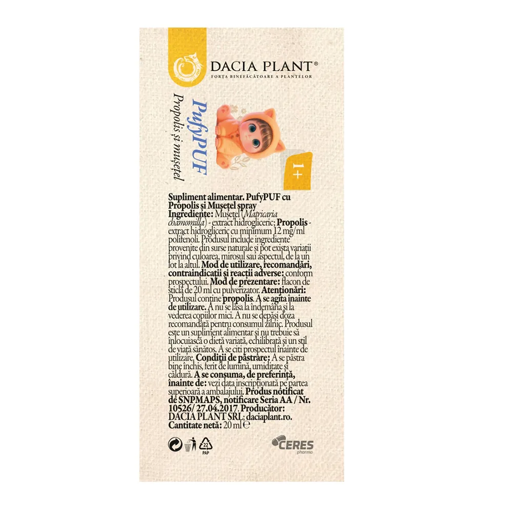 Spray cu propolis si musetel PufyPUF, 20 ml, Dacia Plant