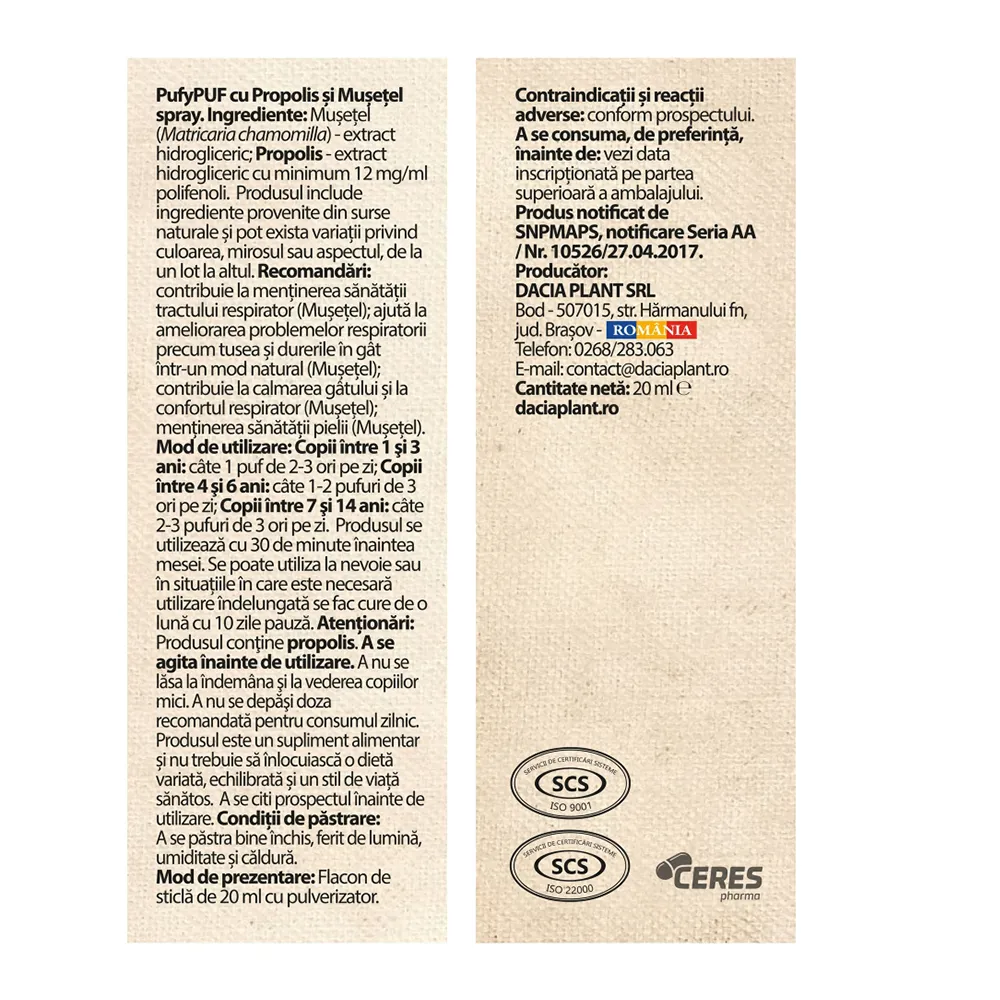 Spray cu propolis si musetel PufyPUF, 20 ml, Dacia Plant