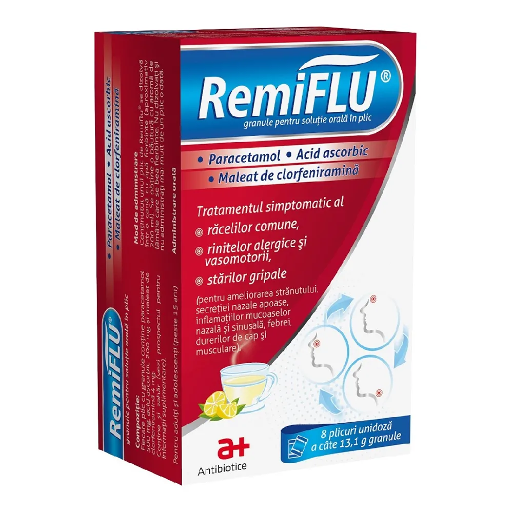 Remiflu, granule pentru solutie orala, 8 plicuri unidoza, Antibiotice SA
