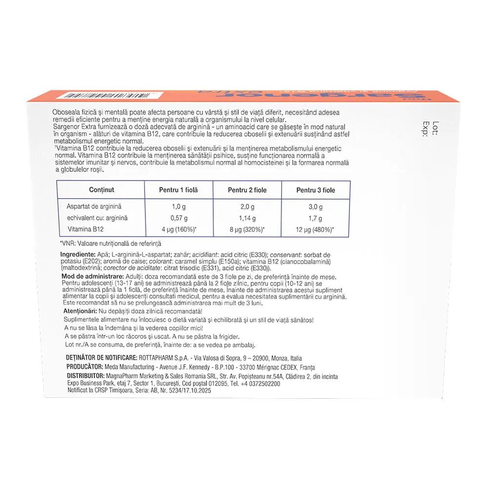 Solutie orala fiole Sargenor Extra B12 5ml, 20 fiole, Viatris