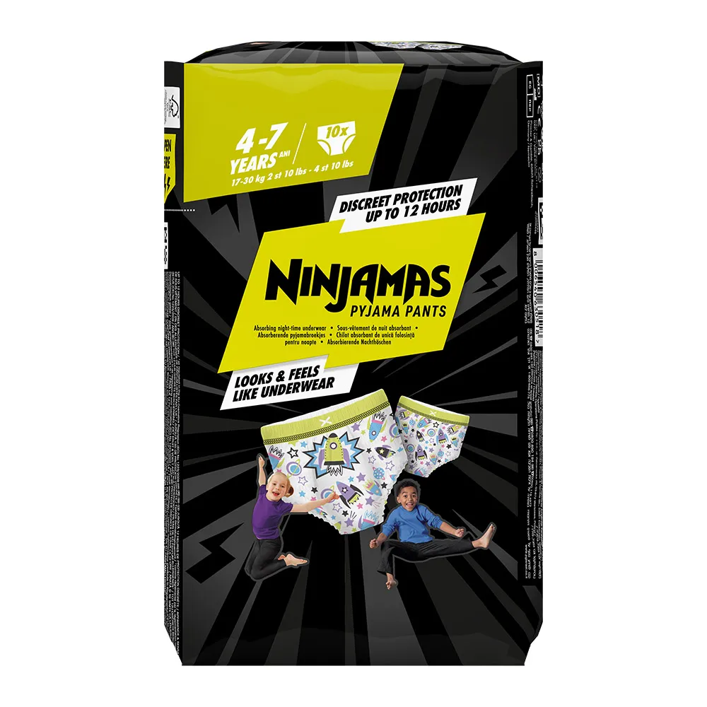 Scutece-chiloțel de noapte Ninjamas, pentru băieței, 4-7 ani, 17-30 kg, 10 buc
