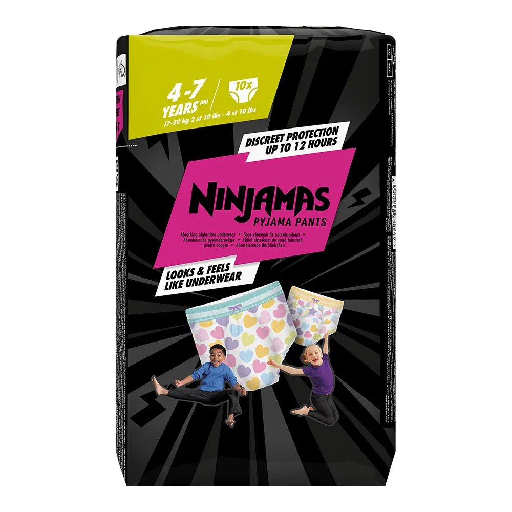 Scutece-chiloțel de noapte Ninjamas, pentru fetițe, 4-7 ani, 17-30 kg, 10 buc