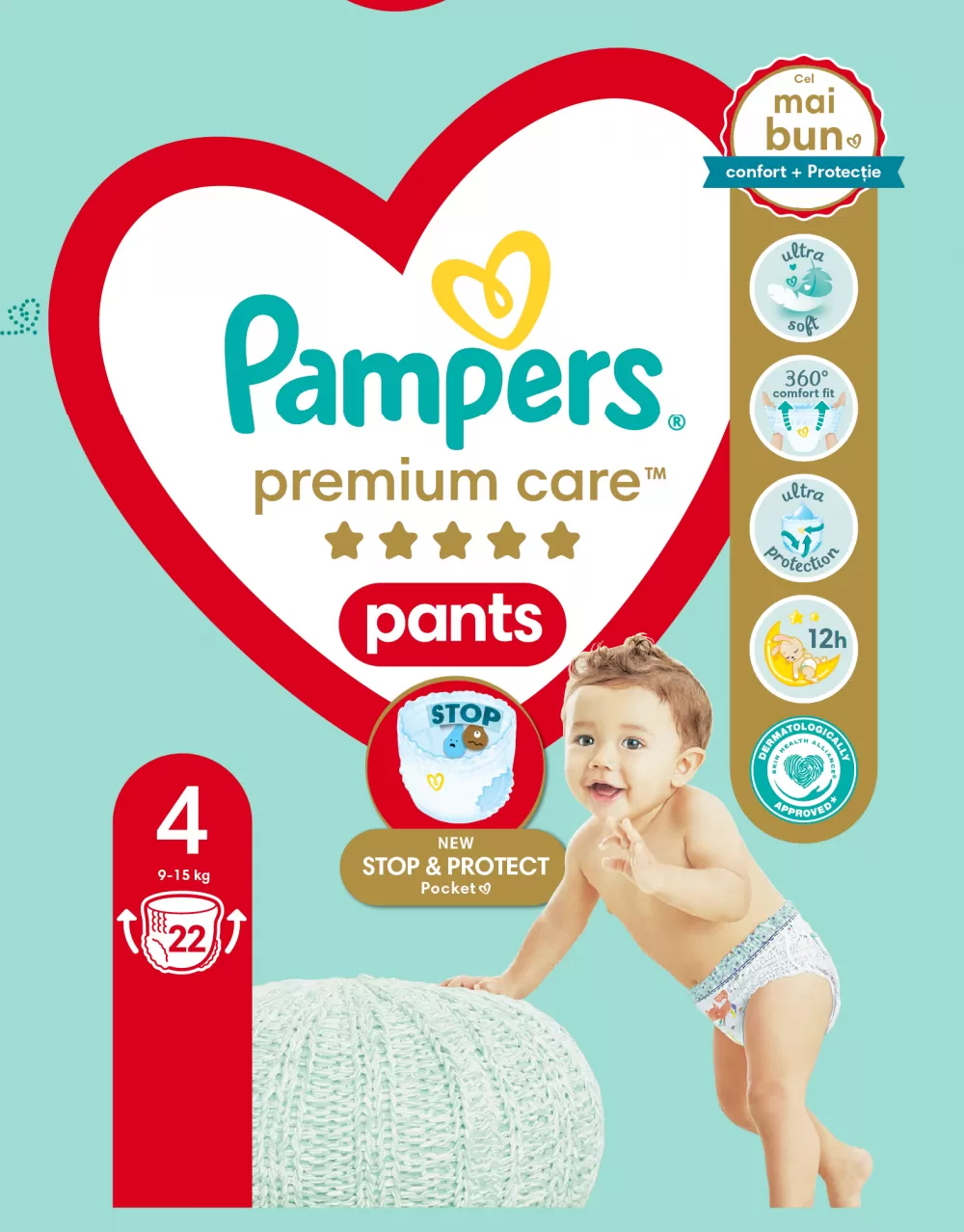 Scutece chilotel Pampers Premium Care Pants Marimea 4, 9-15 kg, 22 bucati