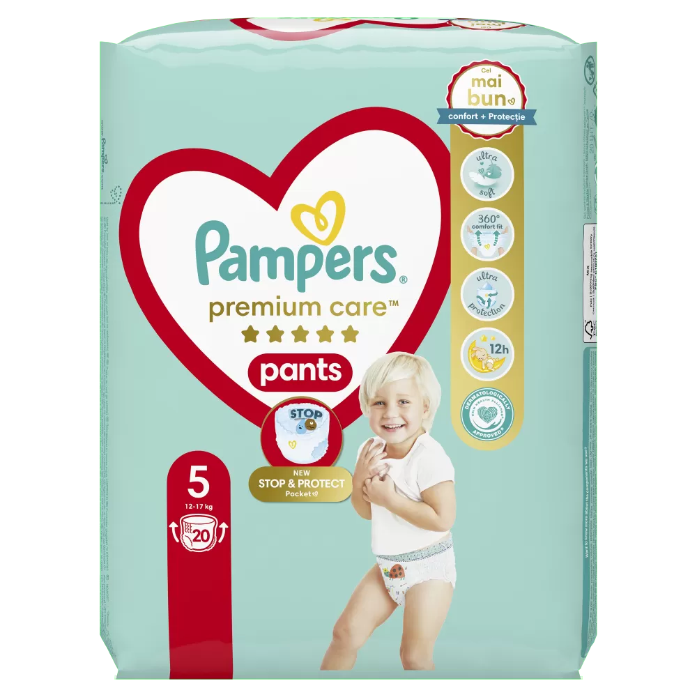 Scutece chilotel Pampers Premium Care Pants Marimea 5, 12-17 kg, 20 bucati