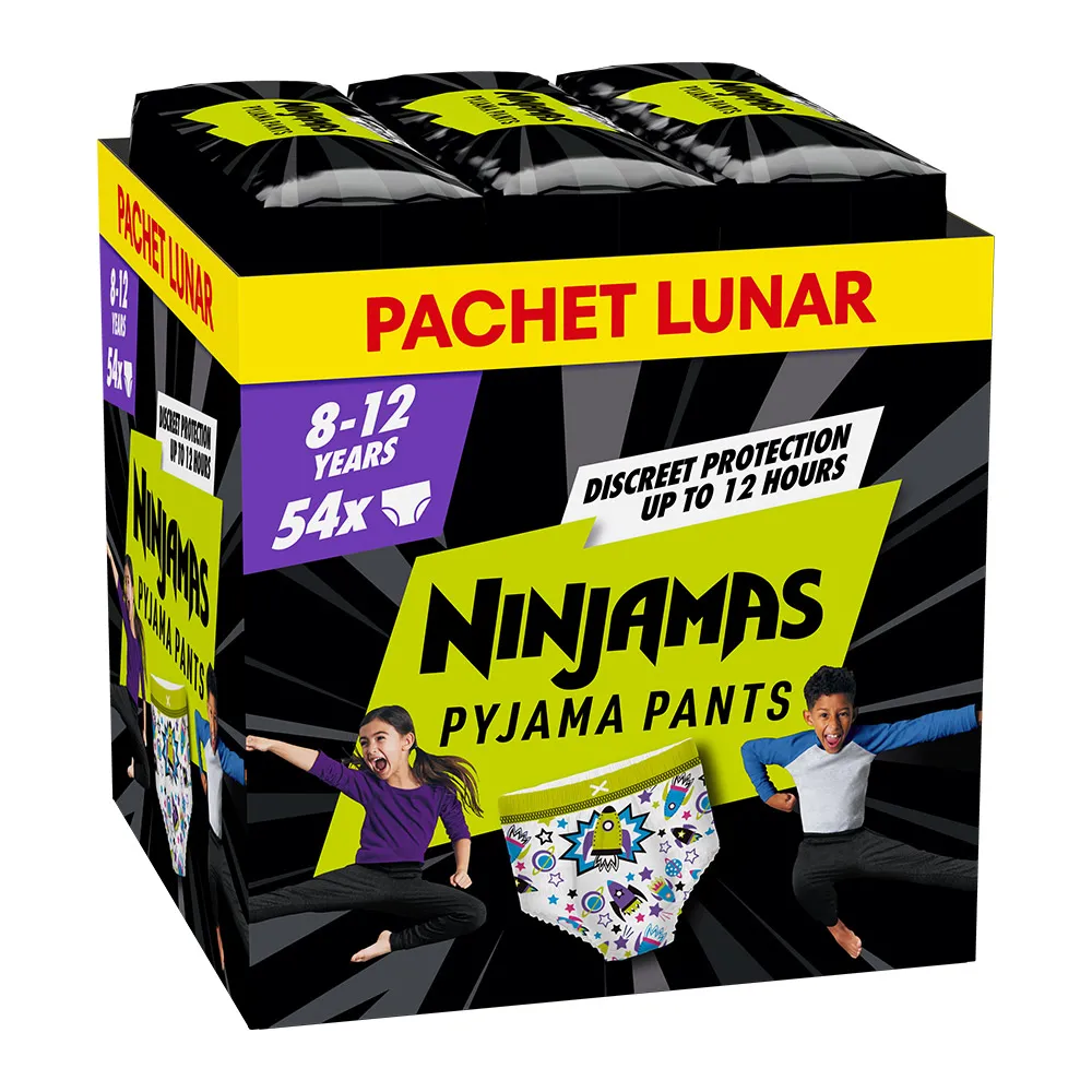 Scutece-chilotel pentru noapte Ninjamas pt Baietei 8-12 ani, 27-43 kg, 54 buc, Pampers