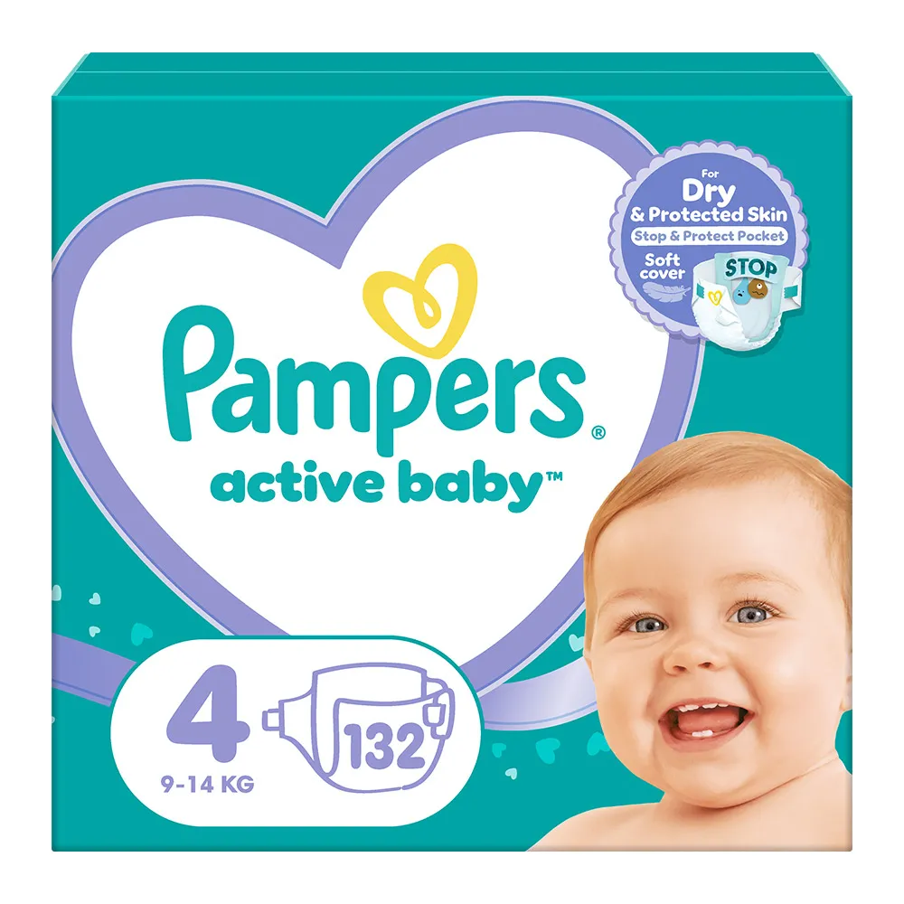 Scutece Pampers Active Baby Mega Box Marimea 4, 9-14 kg, 132 bucati