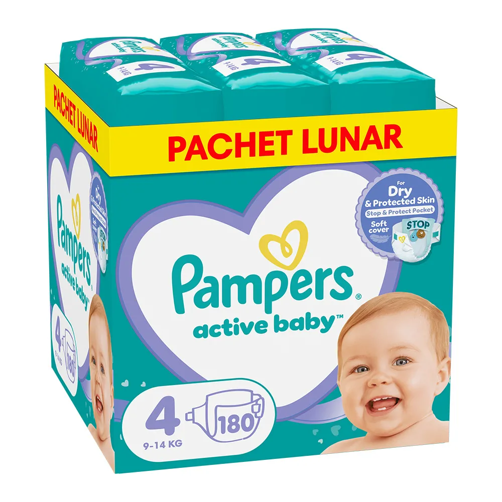 Scutece Pampers Active Baby XXL Box, Marimea 4, 9 -14 kg, 180 bucati