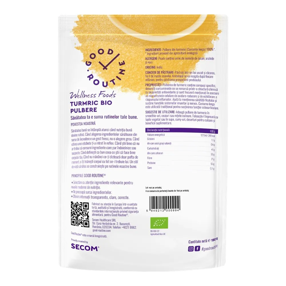 Pulbere Bio de Turmeric Pulbere, Good Routine, 150g, Secom