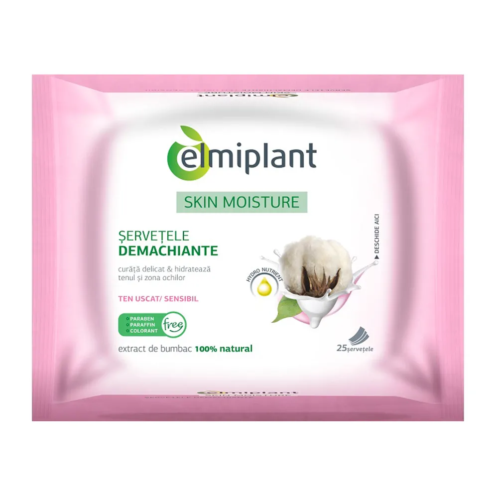 Servetele demachiante ten uscat si sensibil Skin Moisture, 25 bucati, Elmiplant