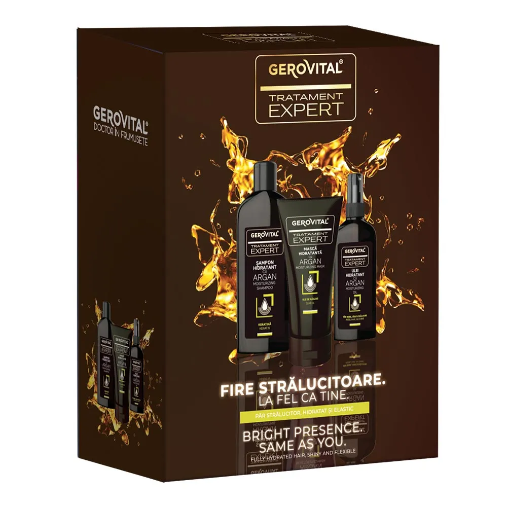 Set Tratament Expert Sampon Argan, 250ml + Masca, 150ml + Ulei Hidratant, 100ml, Gerovital
