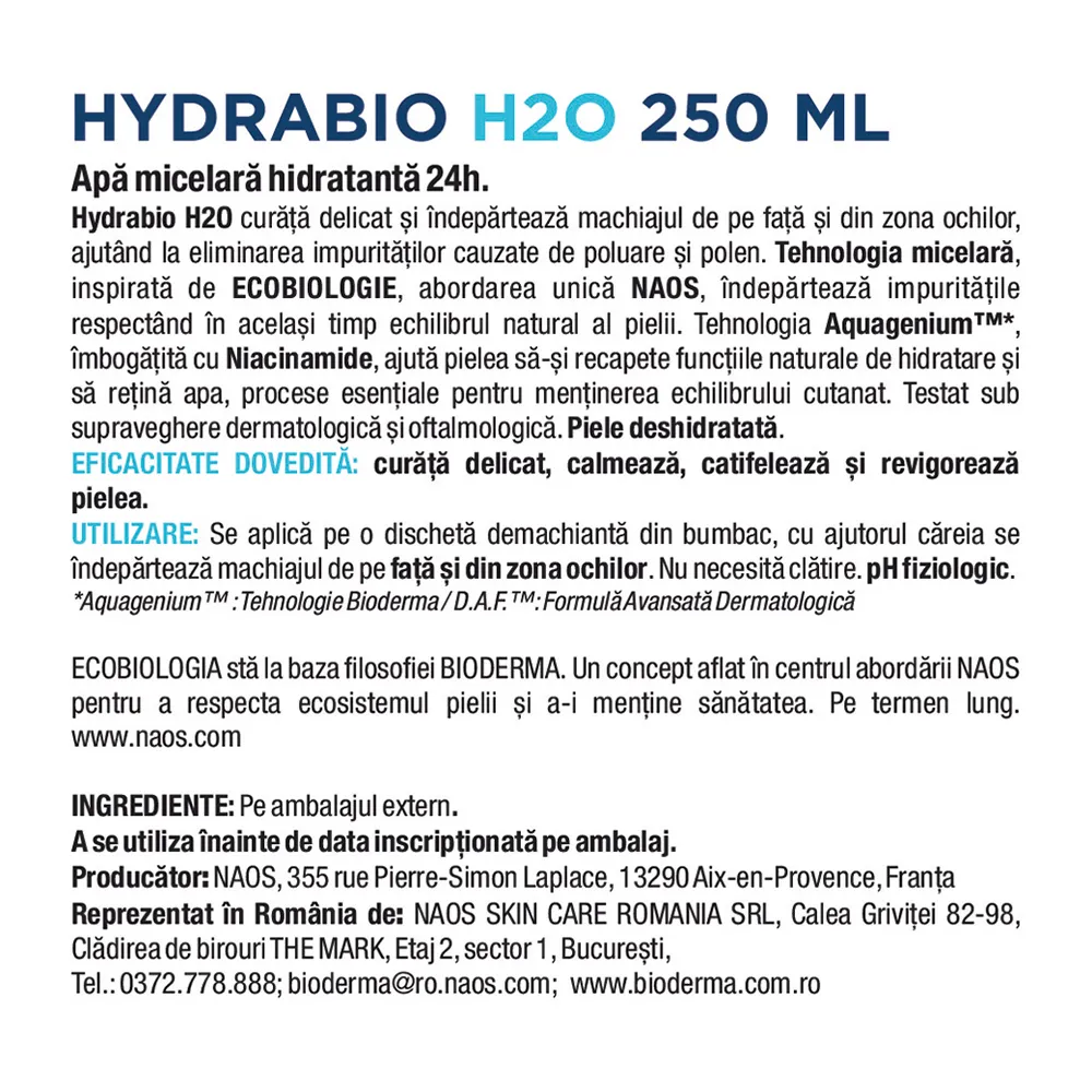 Solutie micelara hidratanta Hydrabio H2O, 250 ml, Bioderma
