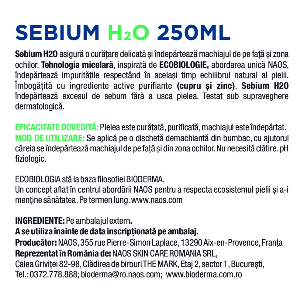 Solutie micelara pentru ten mixt si gras Sebium H2O, 250 ml, Bioderma