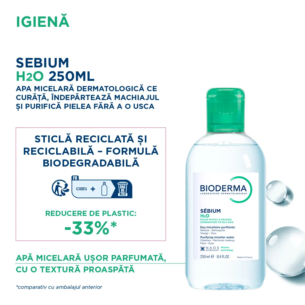 Solutie micelara pentru ten mixt si gras Sebium H2O, 250 ml, Bioderma
