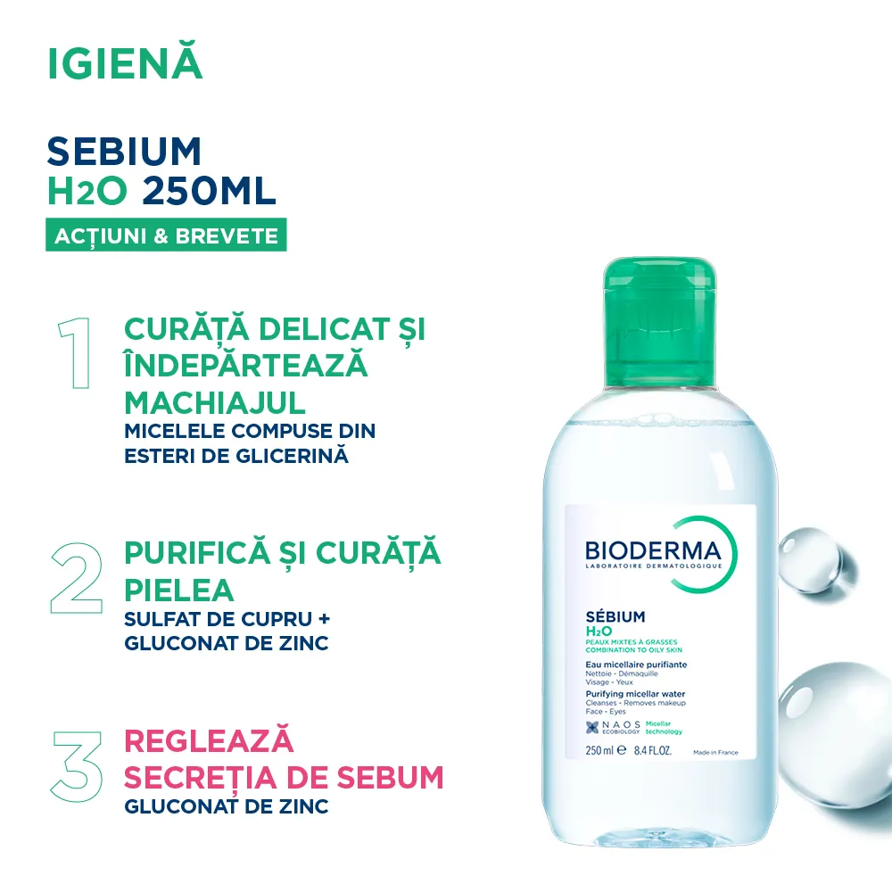Solutie micelara pentru ten mixt si gras Sebium H2O, 250 ml, Bioderma
