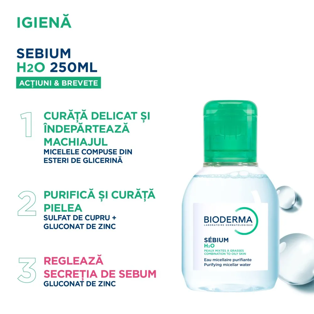 Solutie micelara ten mixt si gras H2O Sebium, 100 ml, Bioderma