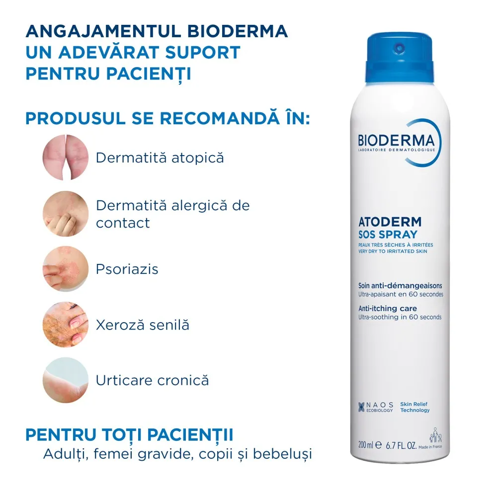 Spray anti-prurit cu efect calmant imediat Atoderm SOS, 200 ml, Bioderma