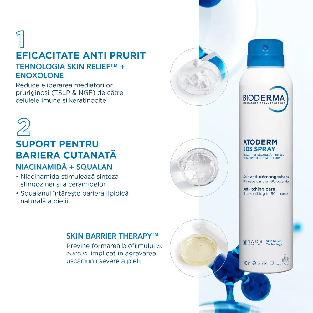 Spray anti-prurit cu efect calmant imediat Atoderm SOS, 200 ml, Bioderma