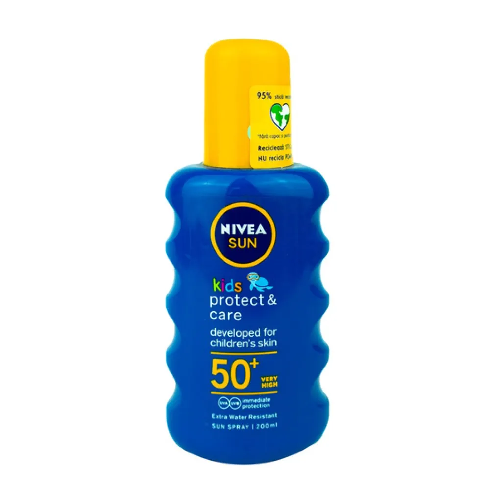Spray colorat de protectie solara pentru copii SPF 50+ Protect & Care, 200 ml, Nivea Sun