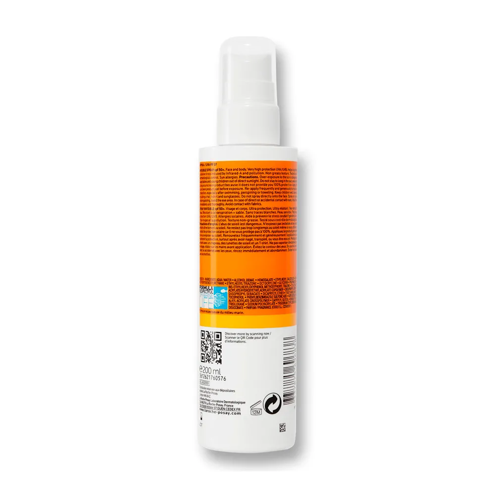 Spray invizibil cu protectie solara SPF 50+ pentru corp, piele sensibila, ultra-rezistent, fara parfum, 200 ml, Anthelios, La Roche Posay