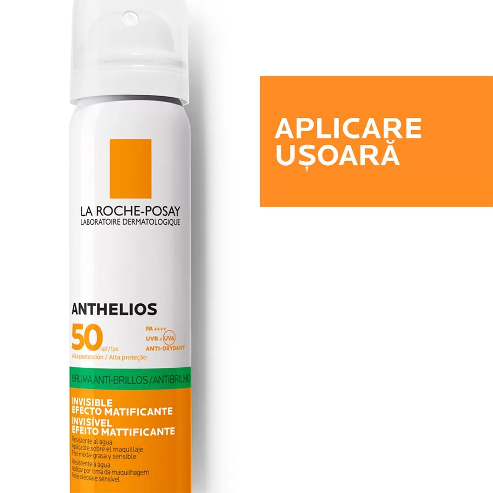 Spray invizibil matifiant cu protectie solara SPF 50, pentru fata, ten gras si sensibil, 75ml, Anthelios, La Roche Posay