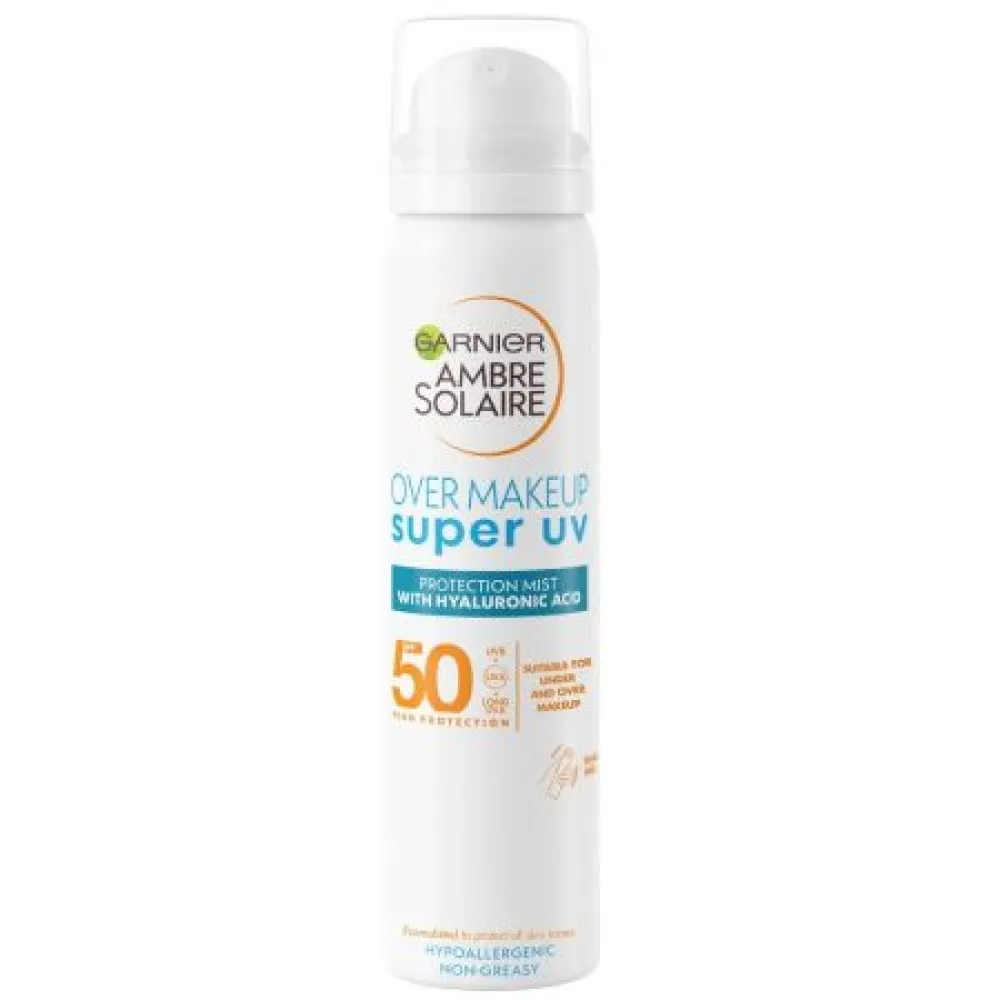 Spray Protector Pentru Fata Spf 50 Cu Acid Hialuronic Garnier Ambre Solaire Overmakeup Super Uv, 75 ml,