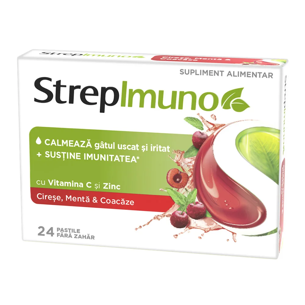 Strepimuno cu cirese, menta si coacaze, 24 pastile de supt, Reckitt Benckiser