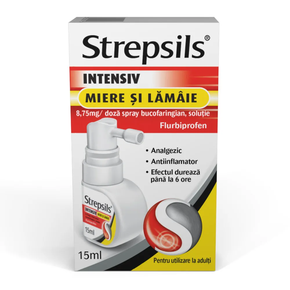 Strepsils Intensiv spray cu miere si lamaie, 8,75mg/doza, 15 ml, Reckitt Benckiser