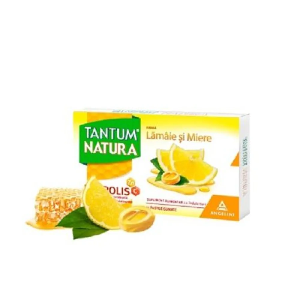 Tantum Natura cu Lamaie si Miere + Propolis, Vitamina C si ZN, 15 pastile gumate, Angelini