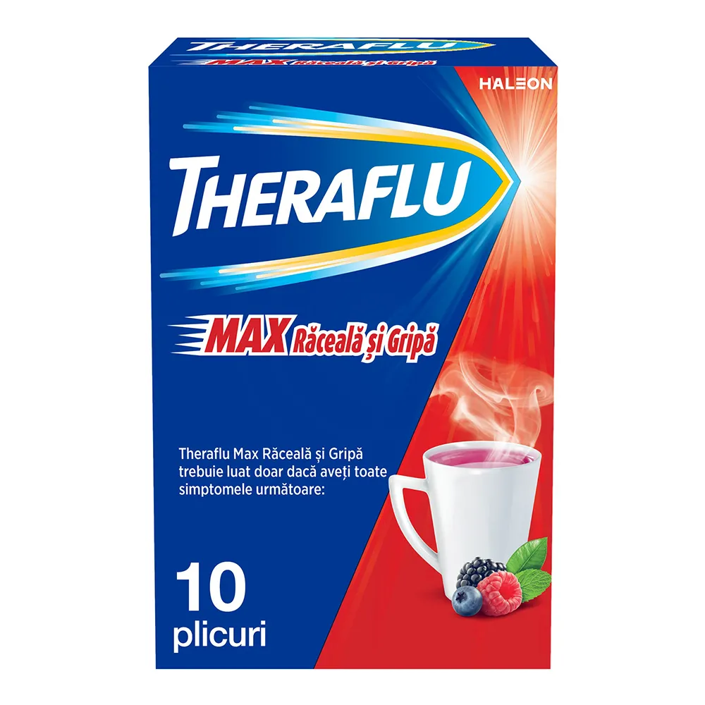 Theraflu Max Raceala si Gripa Fr. Padure/Mentol 1000mg/10mg/70mg, 10 plicuri, Haleon