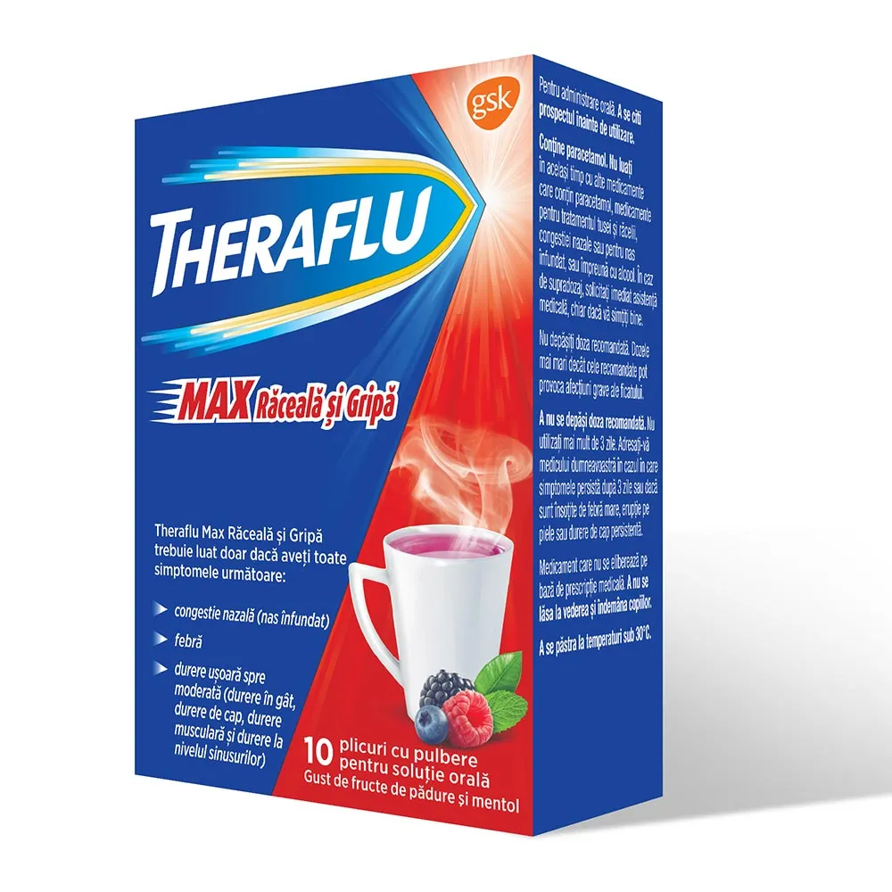 Theraflu Max Raceala si Gripa Fr. Padure/Mentol 1000mg/10mg/70mg, 10 plicuri, GSK