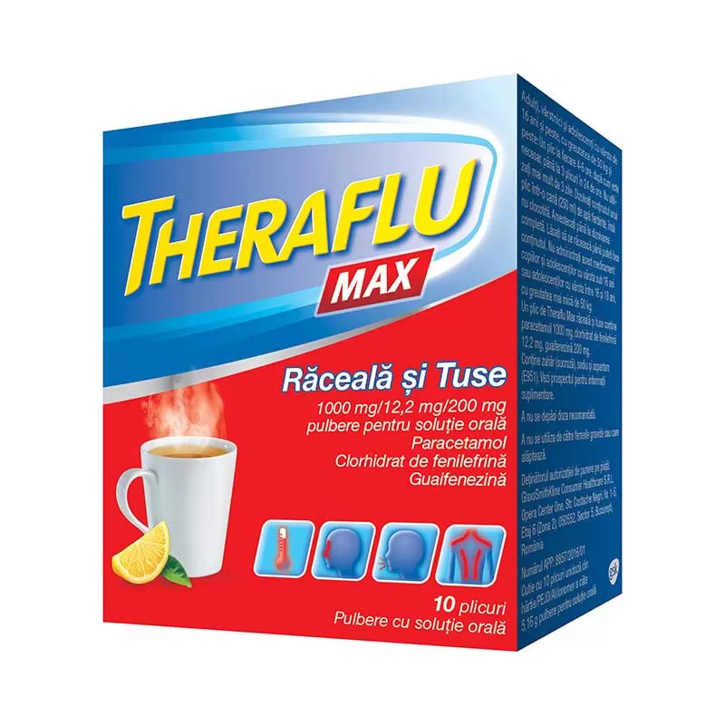 Theraflu Max Raceala si Tuse 1000 mg/12.2 mg/200 mg - plicuri x 10
