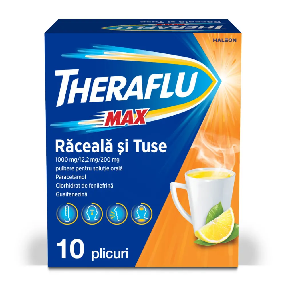 Theraflu Max raceala si tuse, 1000 mg/12,2 mg/200 mg, 10 plicuri, Haleon