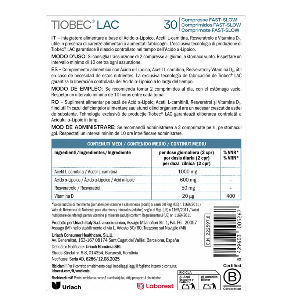 Tiobec Lac, 30 comprimate, Laborest Italia
