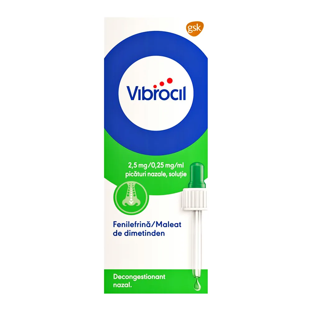 Vibrocil picaturi nazale, solutie, 2,5 mg/0,25 mg/ml, 15 ml