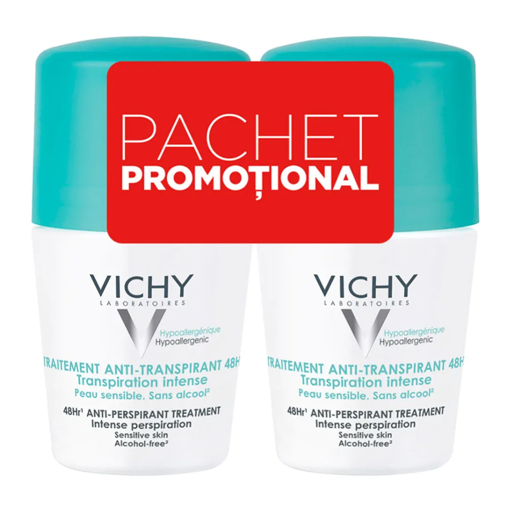 Pachet Deodorant roll-on antiperspirant cu parfum 48H, 50 ml + 50 ml, Vichy