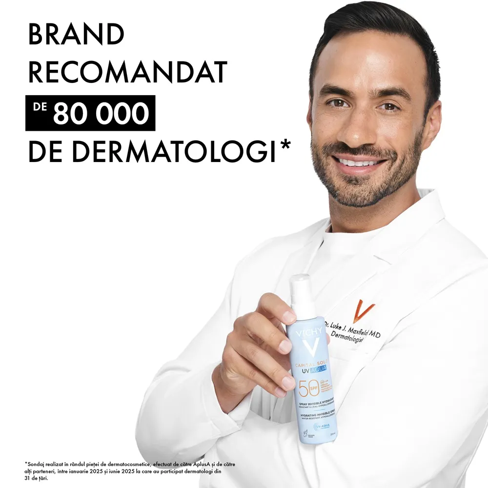 Spray hidratant pentru fata si corp cu protectie solara SPF 50 Capital Soleil UV Aqua, 200 ml, Vichy
