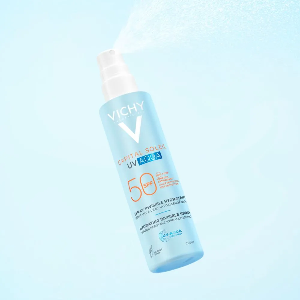 Spray hidratant pentru fata si corp cu protectie solara SPF 50 Capital Soleil UV Aqua, 200 ml, Vichy