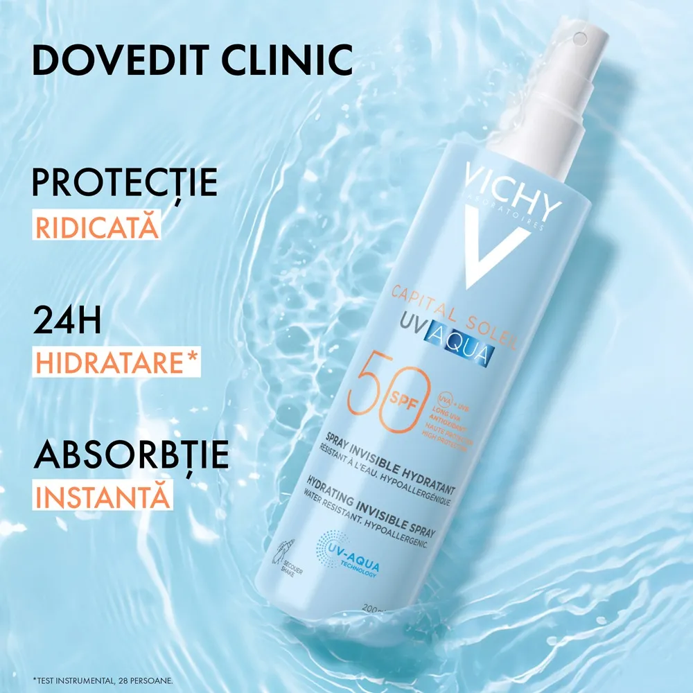 Spray hidratant pentru fata si corp cu protectie solara SPF 50 Capital Soleil UV Aqua, 200 ml, Vichy