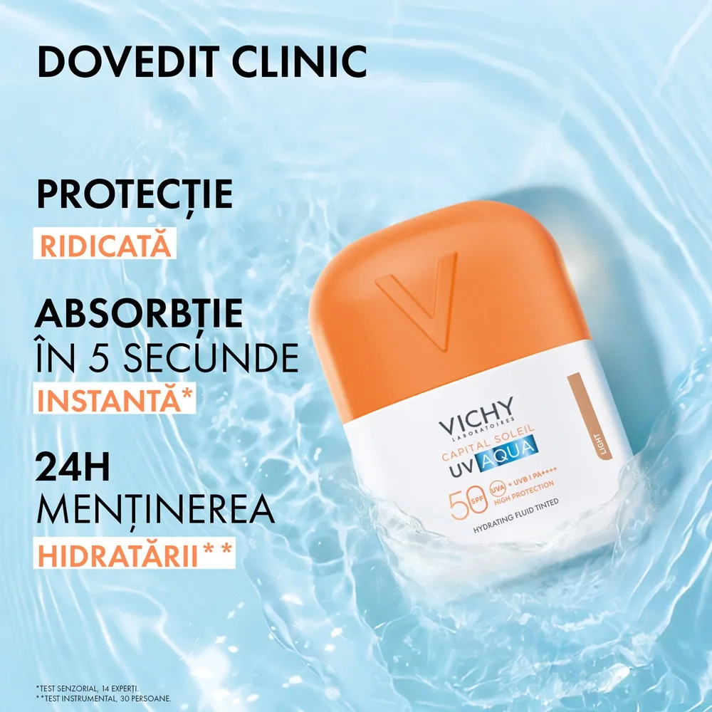 Fluid hidratant colorat cu protectie solara SPF 50 Nuanta Light Capital Soleil UV Aqua, 50 ml, Vichy