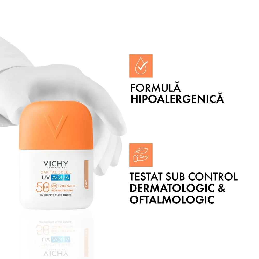 Fluid hidratant colorat cu protectie solara SPF 50 Nuanta Light Capital Soleil UV Aqua, 50 ml, Vichy