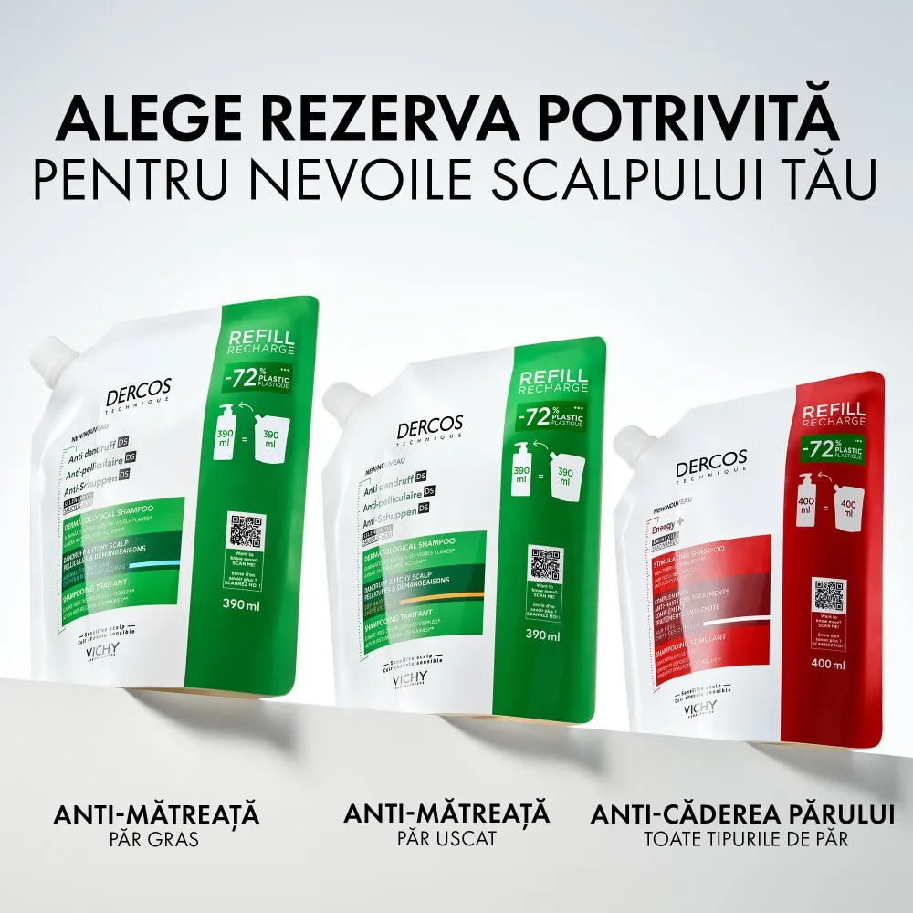 Sampon Energy + cu acțiune energizantă rezervă de reîncărcare, complementar tratamentului împotriva căderii părului, 400ml, Dercos