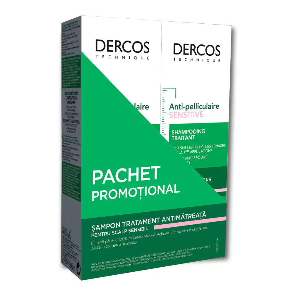 Pachet promotional Sampon anti-matreata pentru scalp sensibil, 2 x 200ml, Dercos