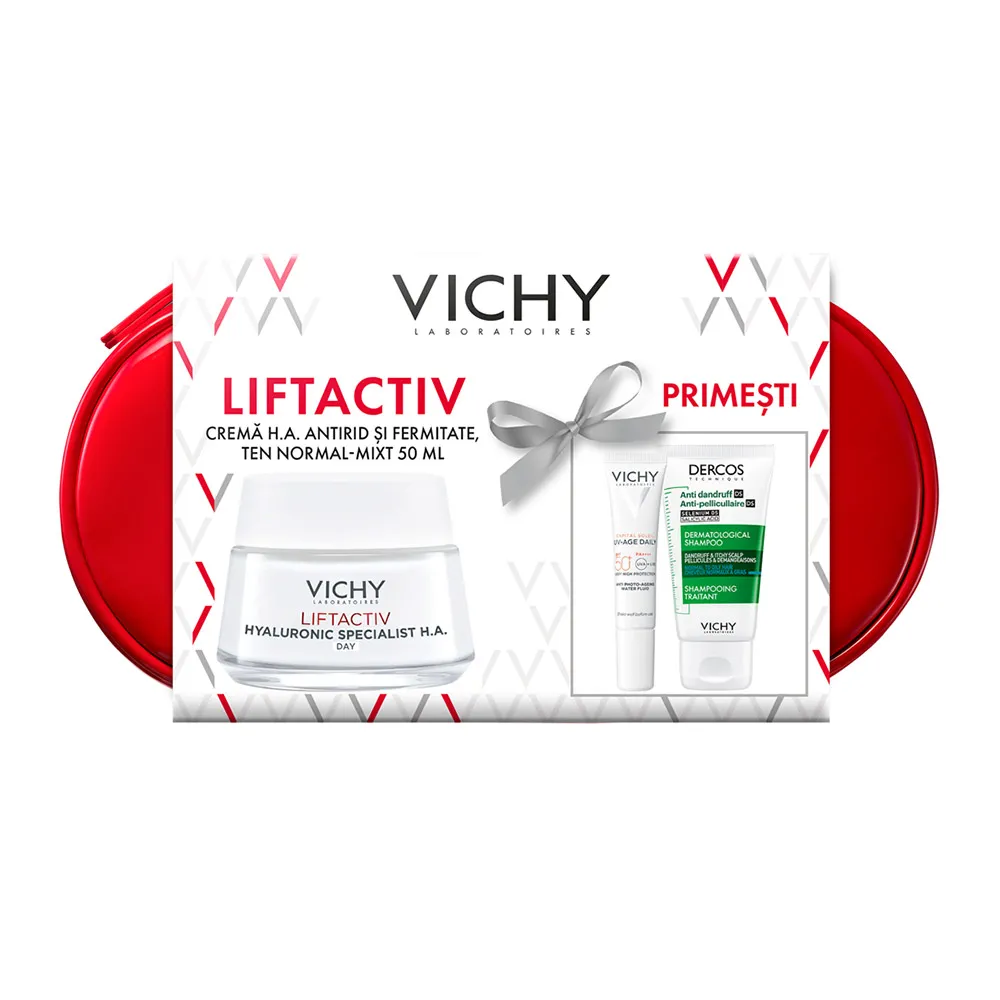 Trusa Crema de zi Liftactiv Hyaluronic Specialist H.A, 50 ml + (UV Age, 15ml + Dercos, 50ml Promo), Vichy