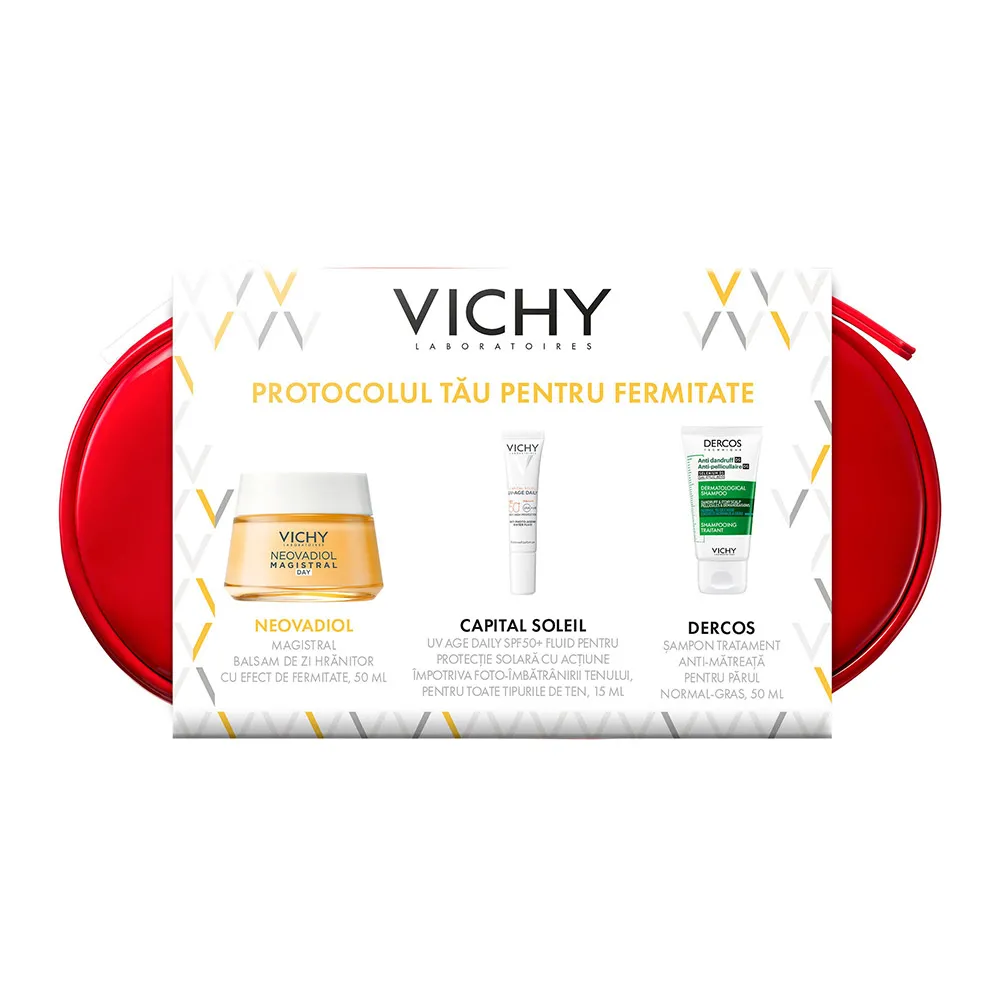 Trusa Balsam de zi hranitor cu efect de fermitate Neovadiol Magistral, 50 ml + (UV Age, 15ml +Dercos, 50ml Promo), Vichy